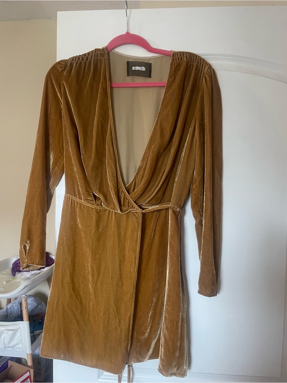 Reformation Chrissy Long Sleeve Velvet Wrap Dress in Caramel - Picture 2 of 11